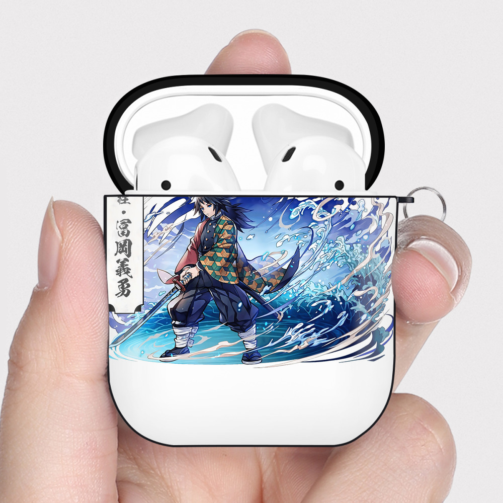 （画像用） 鬼滅の刃（きめつのやいば）水柱-冨岡 義勇／とみおか ぎゆう Tomioka Giyuu AirPods 第2世代保護ケース ハードシェル ブラック 耐衝撃・防指紋・カラビナ付き
