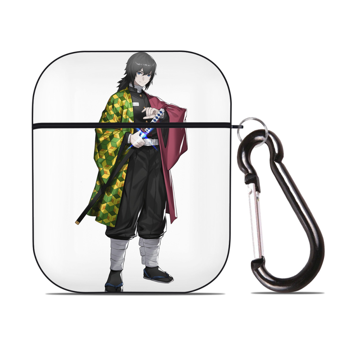 （画像用） 鬼滅の刃（きめつのやいば）水柱-冨岡 義勇／とみおか ぎゆう Tomioka Giyuu AirPods 第2世代保護ケース ハードシェル ブラック 耐衝撃・防指紋・カラビナ付き