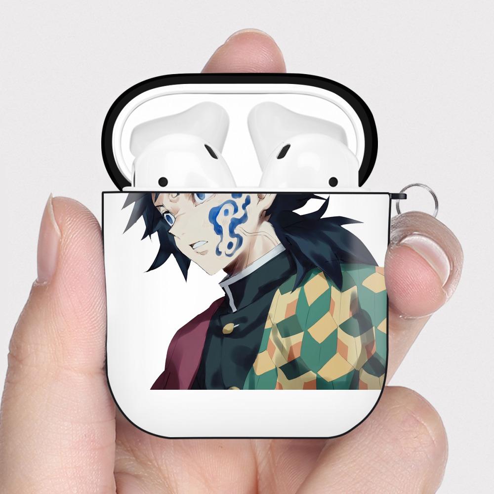 （画像用） 鬼滅の刃（きめつのやいば）水柱-冨岡 義勇／とみおか ぎゆう Tomioka Giyuu AirPods 第2世代保護ケース ハードシェル ブラック 耐衝撃・防指紋・カラビナ付き