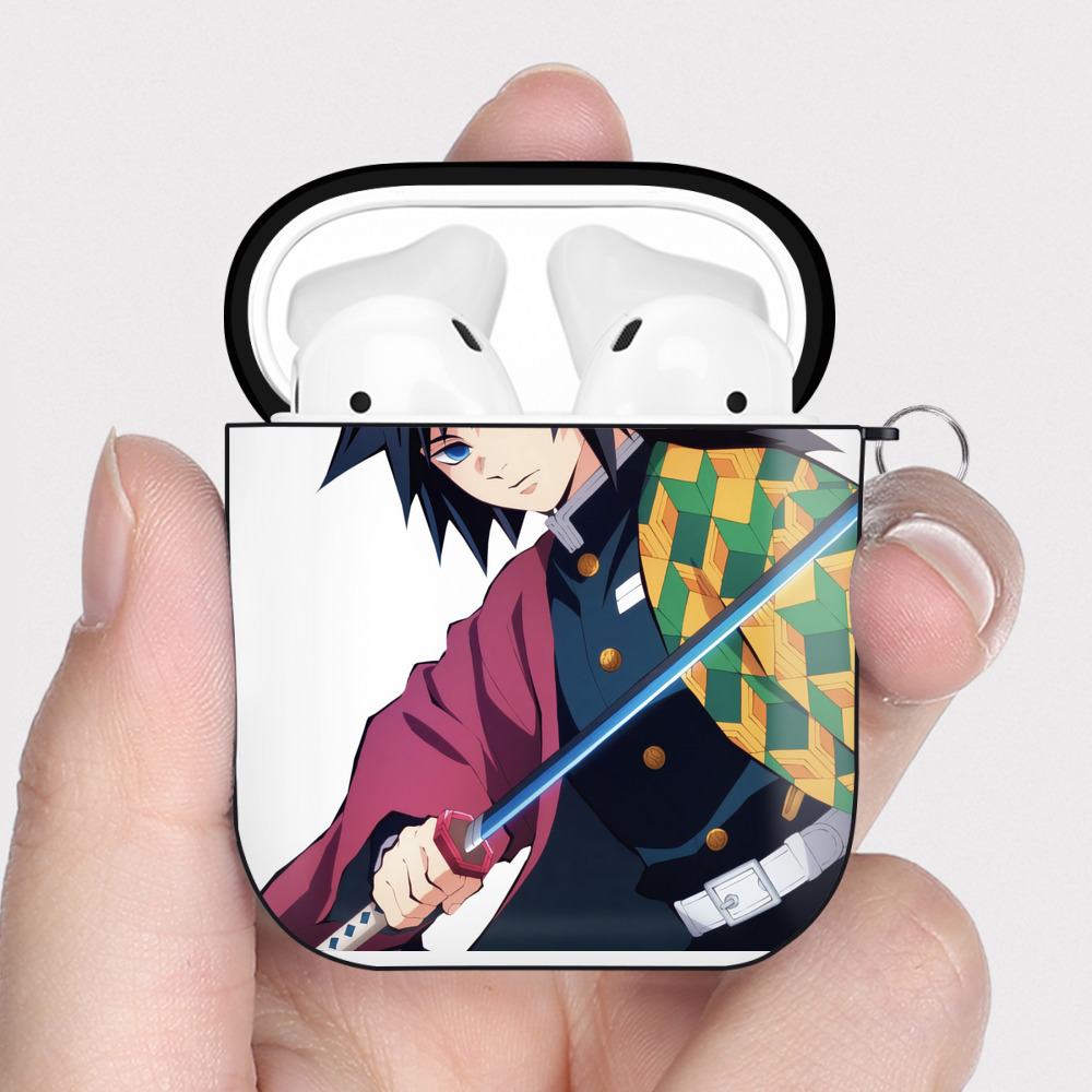 （画像用） 鬼滅の刃（きめつのやいば）水柱-冨岡 義勇／とみおか ぎゆう Tomioka Giyuu AirPods 第2世代保護ケース ハードシェル ブラック 耐衝撃・防指紋・カラビナ付き