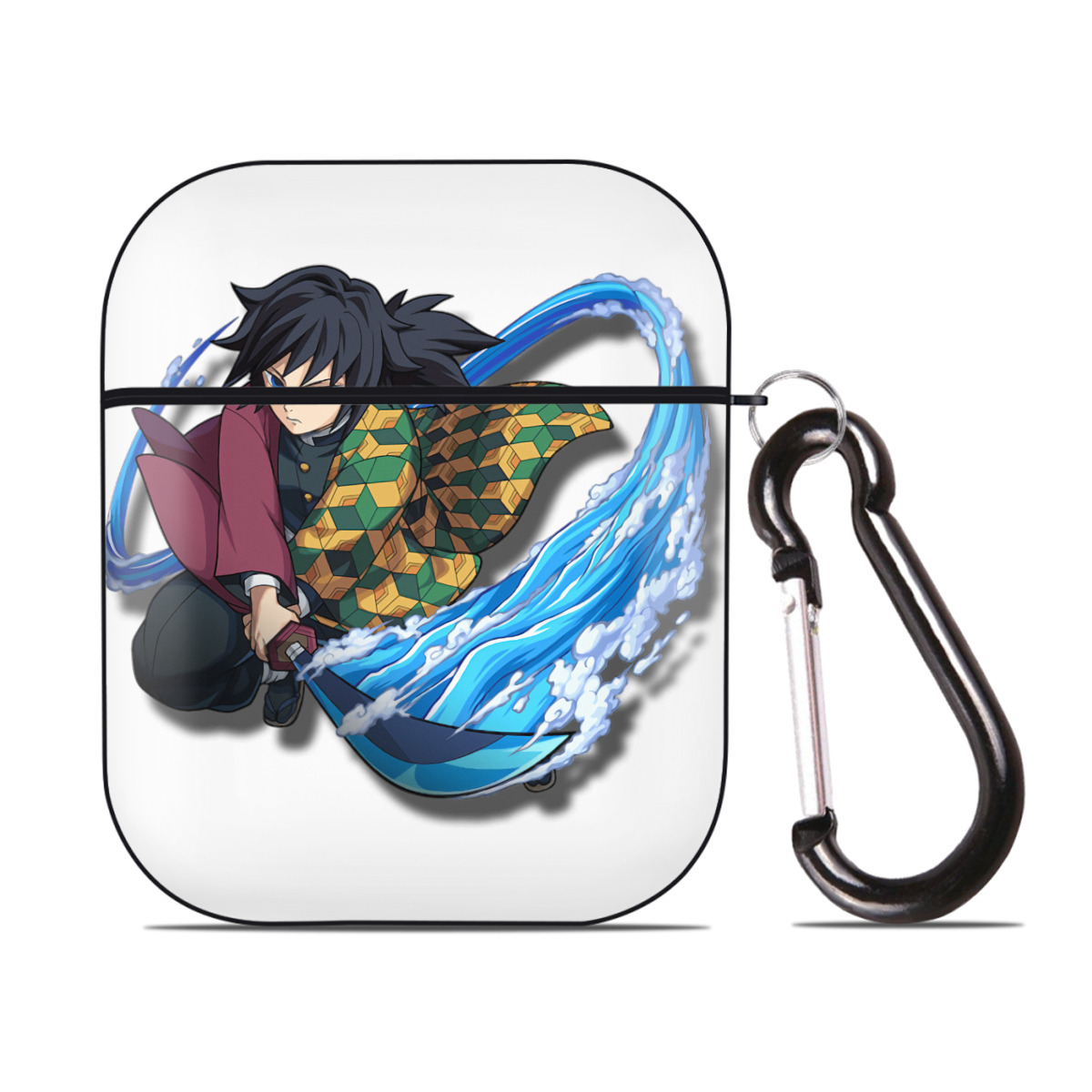 （画像用） 鬼滅の刃（きめつのやいば）水柱-冨岡 義勇／とみおか ぎゆう Tomioka Giyuu AirPods 第2世代保護ケース ハードシェル ブラック 耐衝撃・防指紋・カラビナ付き