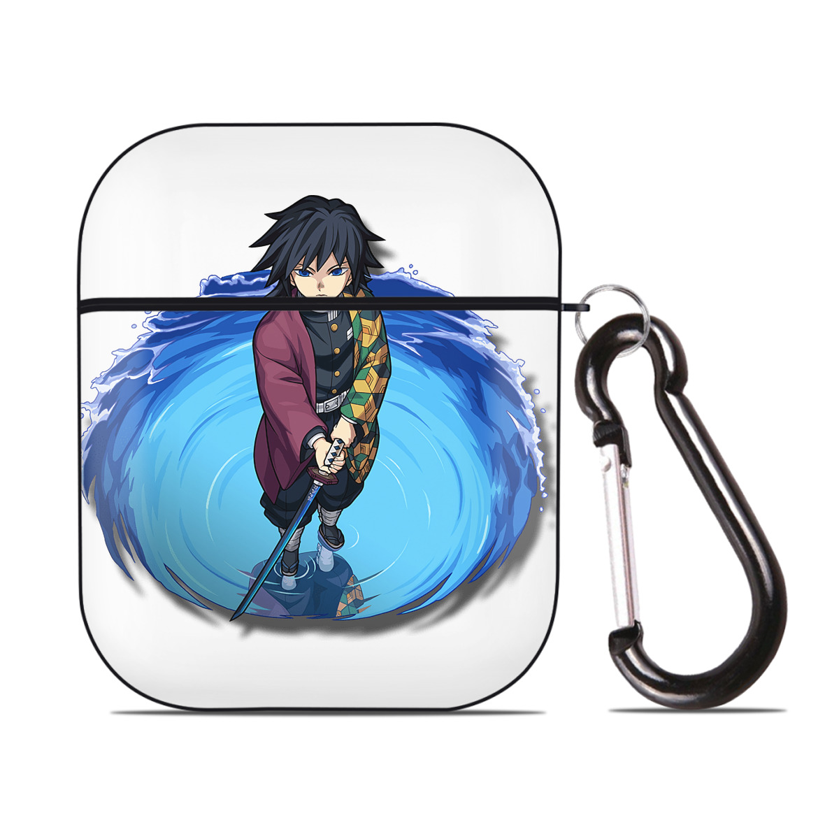（画像用） 鬼滅の刃（きめつのやいば）水柱-冨岡 義勇／とみおか ぎゆう Tomioka Giyuu AirPods 第2世代保護ケース ハードシェル ブラック 耐衝撃・防指紋・カラビナ付き