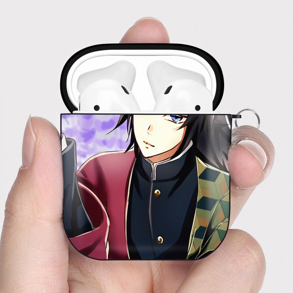 （画像用） 鬼滅の刃（きめつのやいば）水柱-冨岡 義勇／とみおか ぎゆう Tomioka Giyuu AirPods 第2世代保護ケース ハードシェル ブラック 耐衝撃・防指紋・カラビナ付き