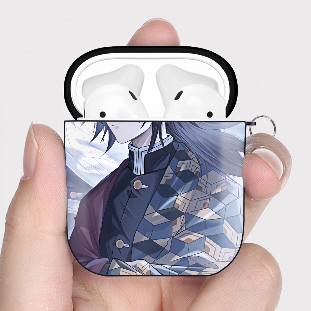 （画像用） 鬼滅の刃（きめつのやいば）水柱-冨岡 義勇／とみおか ぎゆう Tomioka Giyuu AirPods 第2世代保護ケース ハードシェル ブラック 耐衝撃・防指紋・カラビナ付き