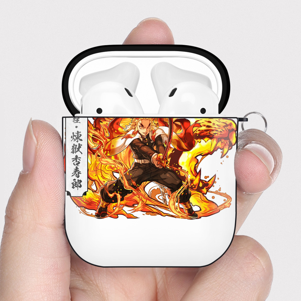 （画像用） 鬼滅の刃（きめつのやいば）炎柱-煉󠄁獄 杏寿郎／れんごく きょうじゅろう Rengoku Kyoujurou AirPods 第2世代保護ケース ハードシェル ブラック 耐衝撃・防指紋・カラビナ付き