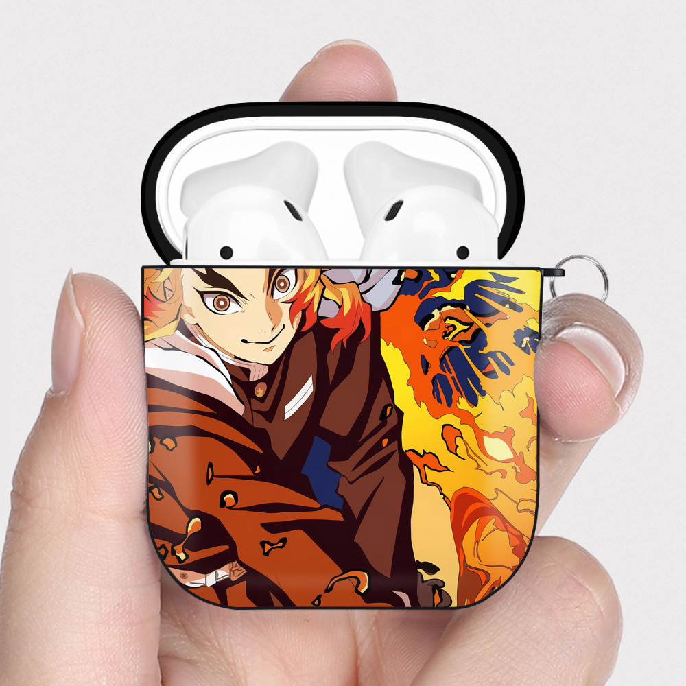 （画像用） 炎柱-煉󠄁獄 杏寿郎／れんごく きょうじゅろう Rengoku Kyoujurou AirPods 第2世代保護ケース ハードシェル ブラック 耐衝撃・防指紋・カラビナ付き
