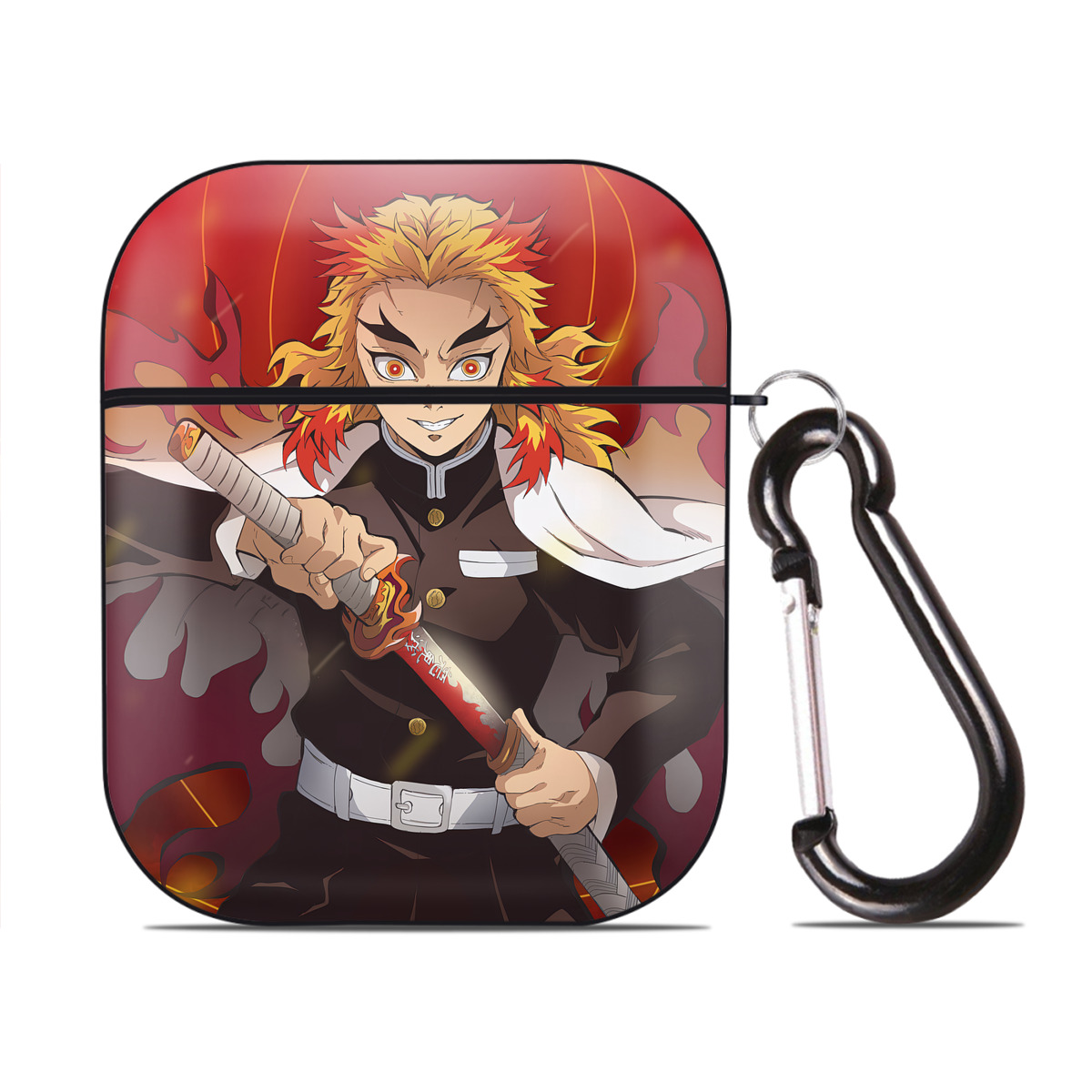 （画像用） 炎柱-煉󠄁獄 杏寿郎／れんごく きょうじゅろう Rengoku Kyoujurou AirPods 第2世代保護ケース ハードシェル ブラック 耐衝撃・防指紋・カラビナ付き