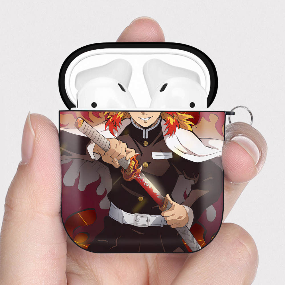 （画像用） 炎柱-煉󠄁獄 杏寿郎／れんごく きょうじゅろう Rengoku Kyoujurou AirPods 第2世代保護ケース ハードシェル ブラック 耐衝撃・防指紋・カラビナ付き