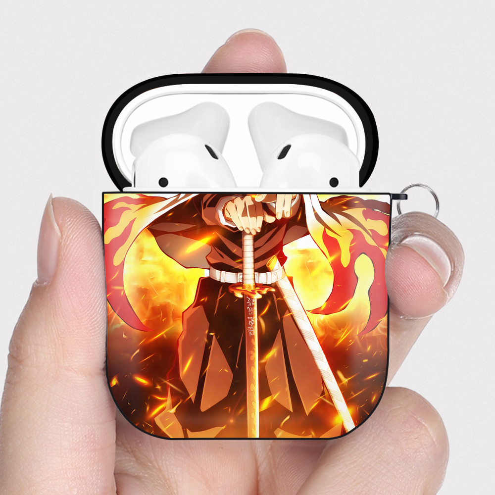 （画像用） 炎柱-煉󠄁獄 杏寿郎／れんごく きょうじゅろう Rengoku Kyoujurou AirPods 第2世代保護ケース ハードシェル ブラック 耐衝撃・防指紋・カラビナ付き