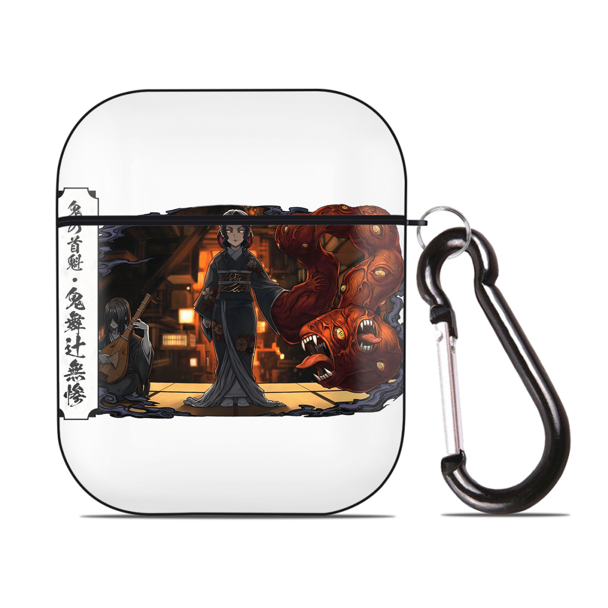 （画像用） 鬼滅の刃（きめつのやいば）鬼舞辻 無惨／きぶつじ むざん Kibutsuji Muzan AirPods 第2世代保護ケース ハードシェル ブラック 耐衝撃・防指紋・カラビナ付き