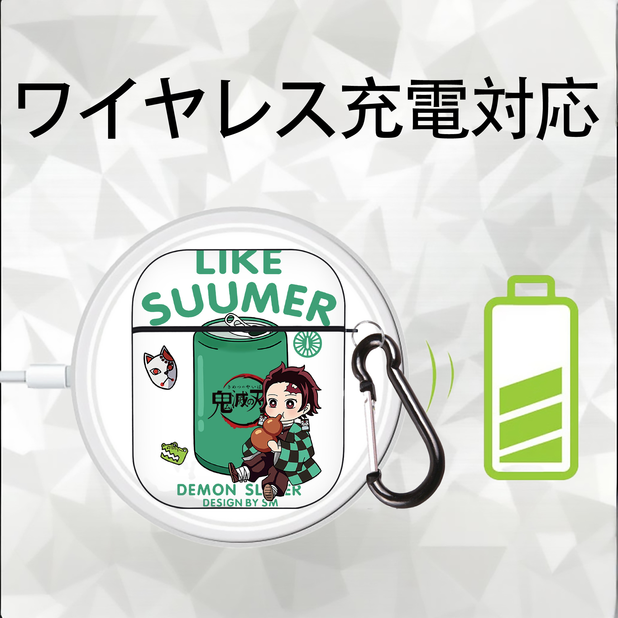 鬼滅の刃 竈門 炭治郎／かまど たんじろう Kamado Tanjirou AirPods 第2世代保護ケース ハードシェル ブラック 耐衝撃・防指紋・カラビナ付き