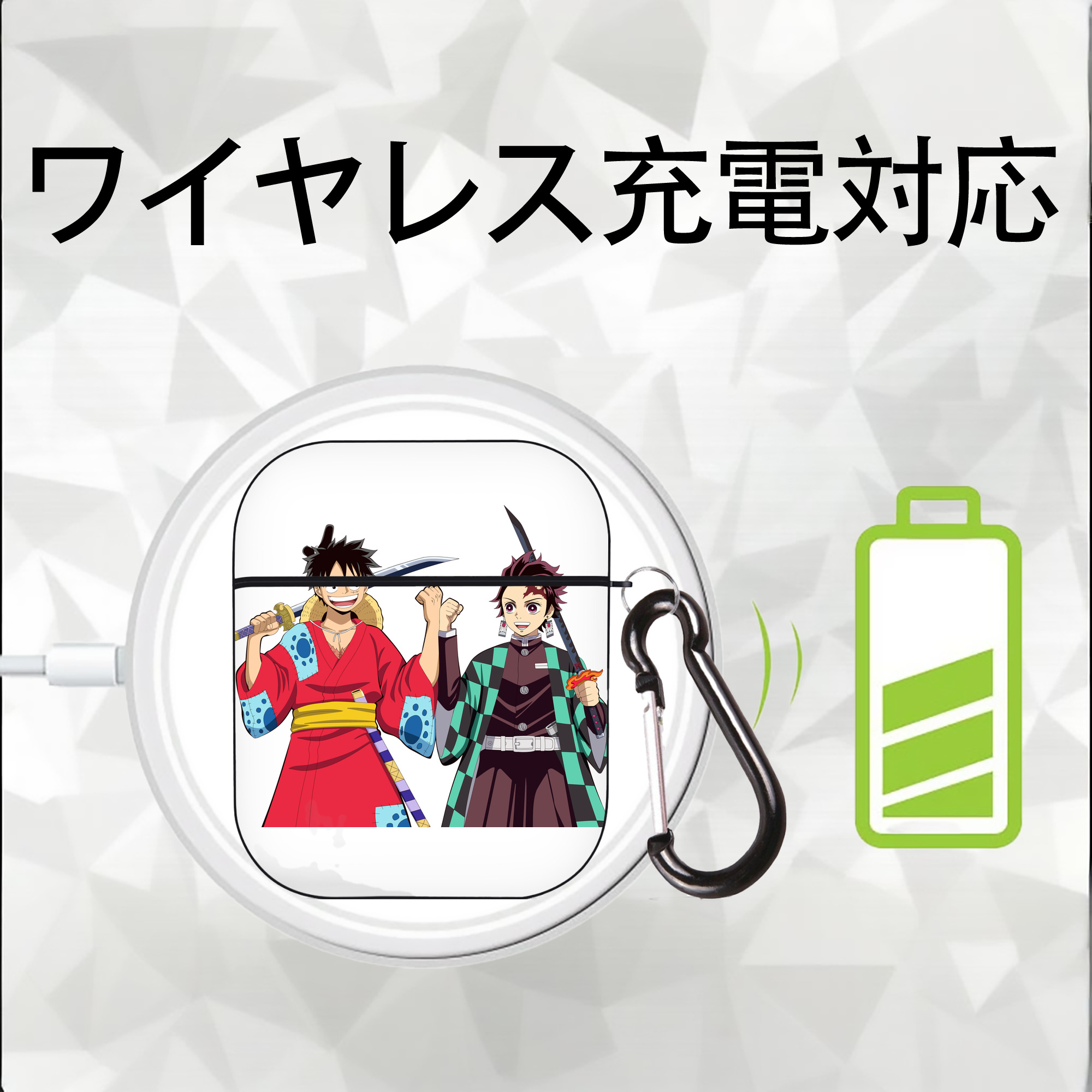 鬼滅の刃 竈門 炭治郎／かまど たんじろう Kamado Tanjirou AirPods 第2世代保護ケース ハードシェル ブラック 耐衝撃・防指紋・カラビナ付き