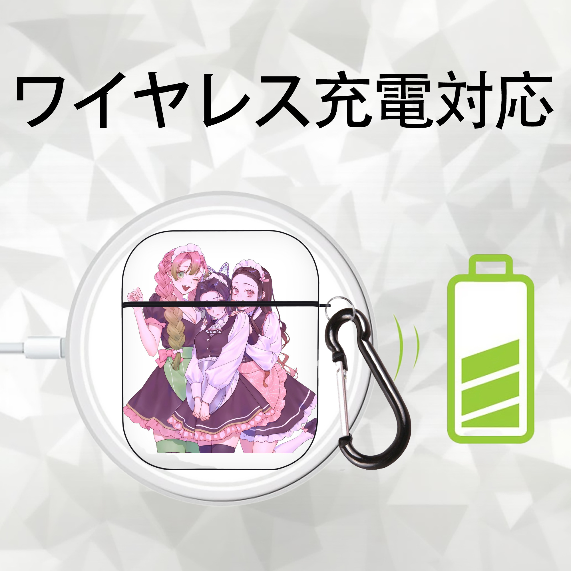 鬼滅の刃（きめつのやいば）蟲柱-胡蝶 しのぶ／こちょう しのぶ Kochou Shinobu AirPods 第2世代保護ケース ハードシェル ブラック 耐衝撃・防指紋・カラビナ付き