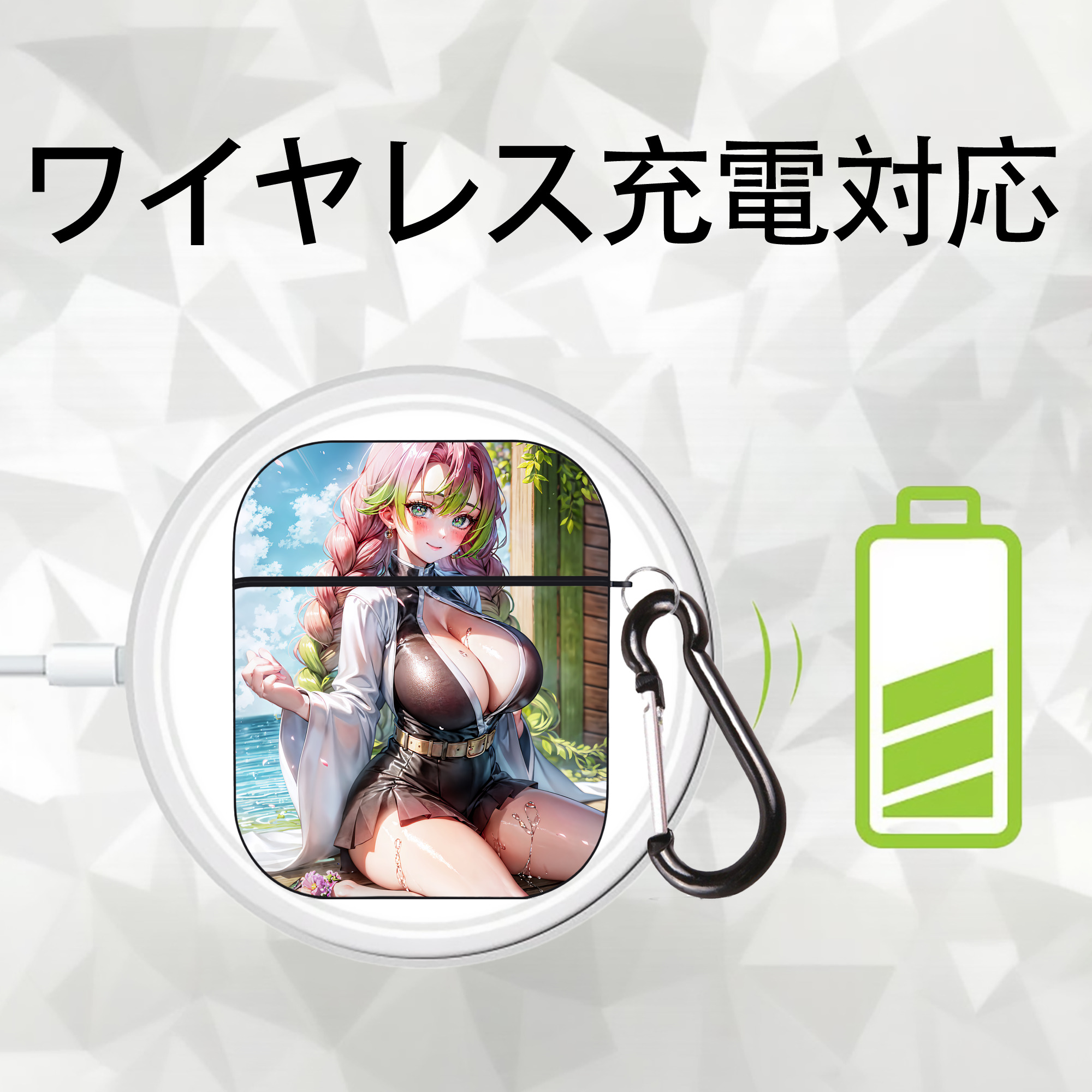 鬼滅の刃（きめつのやいば）恋柱-甘露寺 蜜璃／かんろじ みつり Kanroji Mitsuri AirPods 第2世代保護ケース ハードシェル ブラック 耐衝撃・防指紋・カラビナ付き