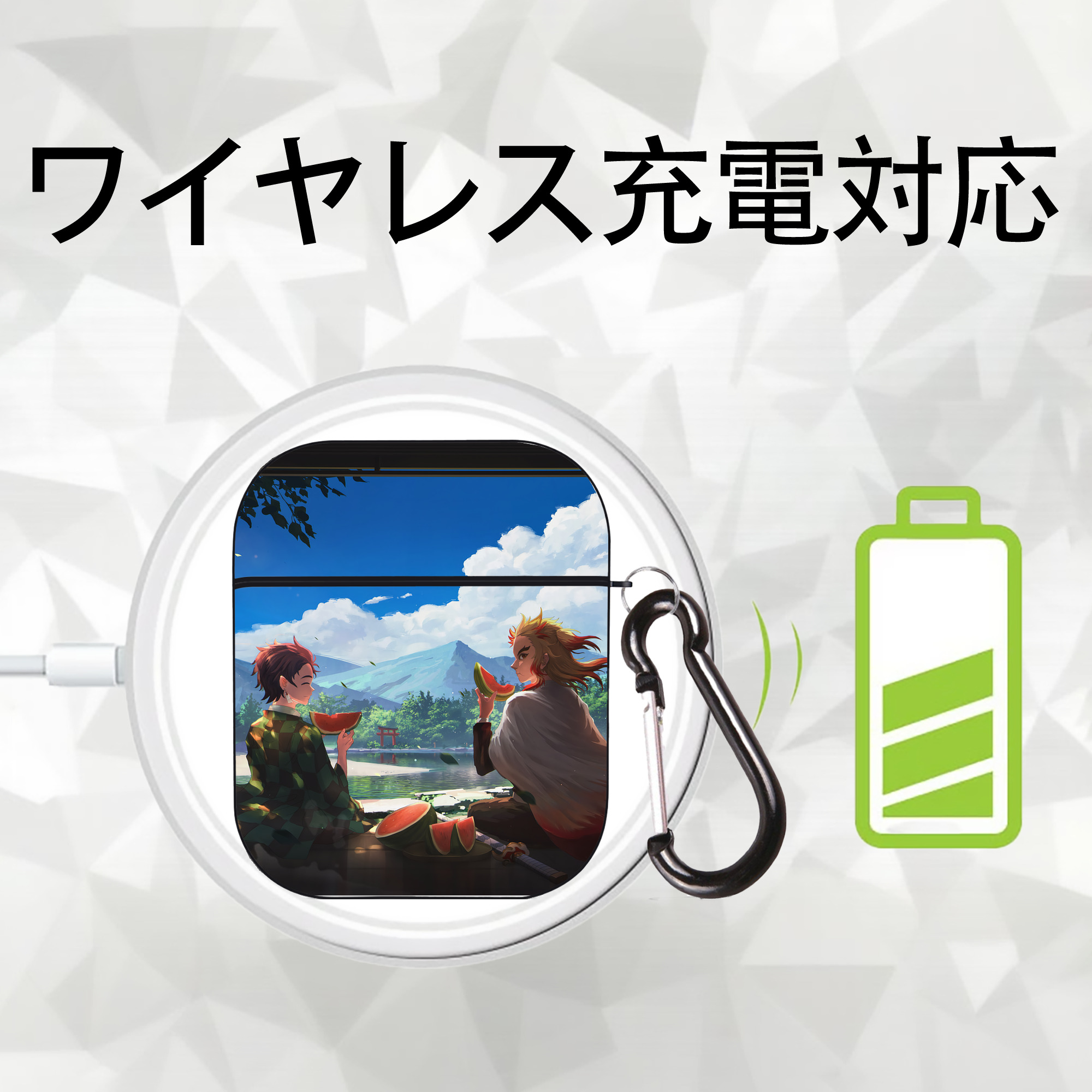 鬼滅の刃（きめつのやいば）竈門 炭治郎／かまど たんじろう Kamado Tanjirou AirPods 第2世代保護ケース ハードシェル ブラック 耐衝撃・防指紋・カラビナ付き