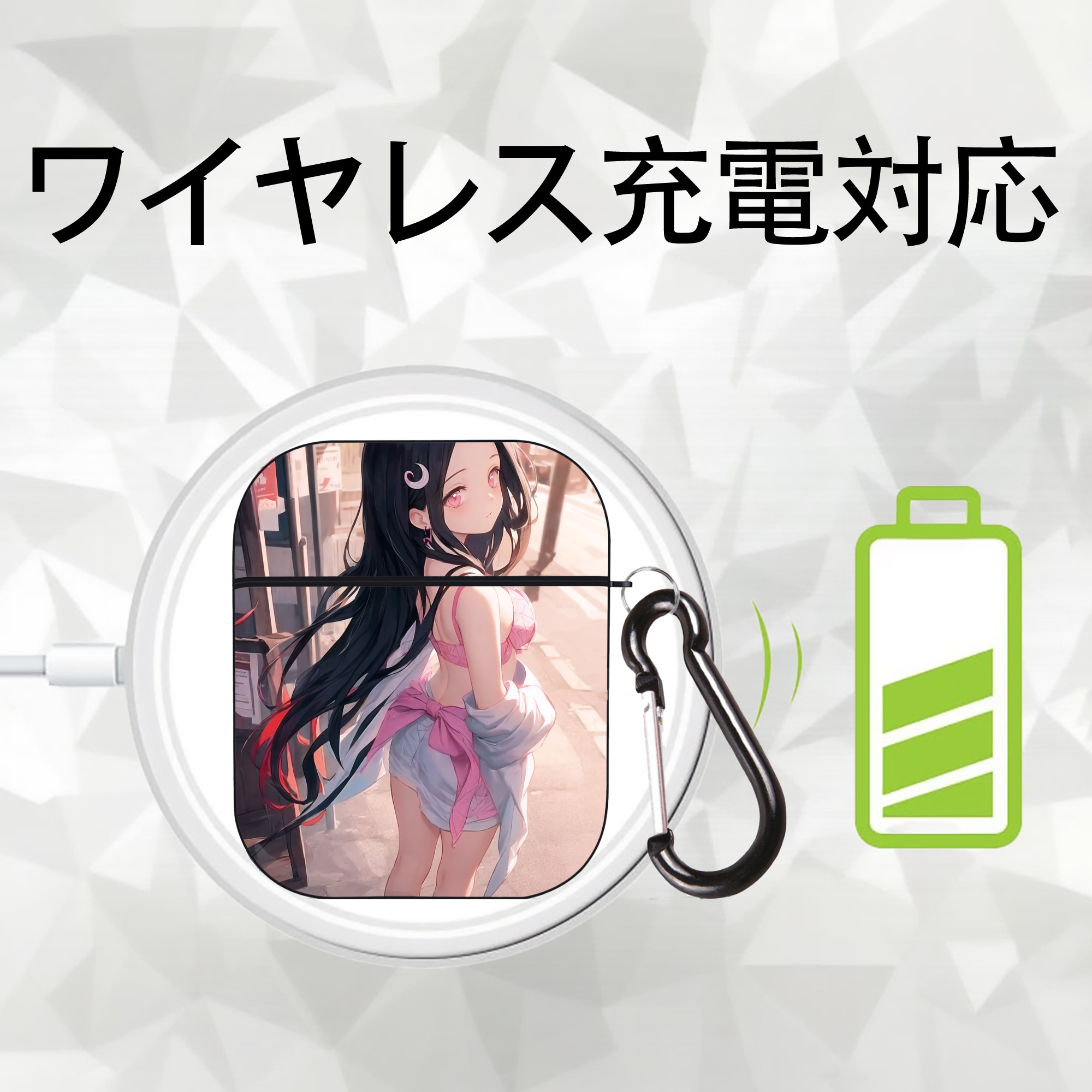 鬼滅の刃（きめつのやいば）竈門 禰󠄀豆子／かまど ねずこ Kamado Nezuko AirPods 第2世代保護ケース ハードシェル ブラック 耐衝撃・防指紋・カラビナ付き