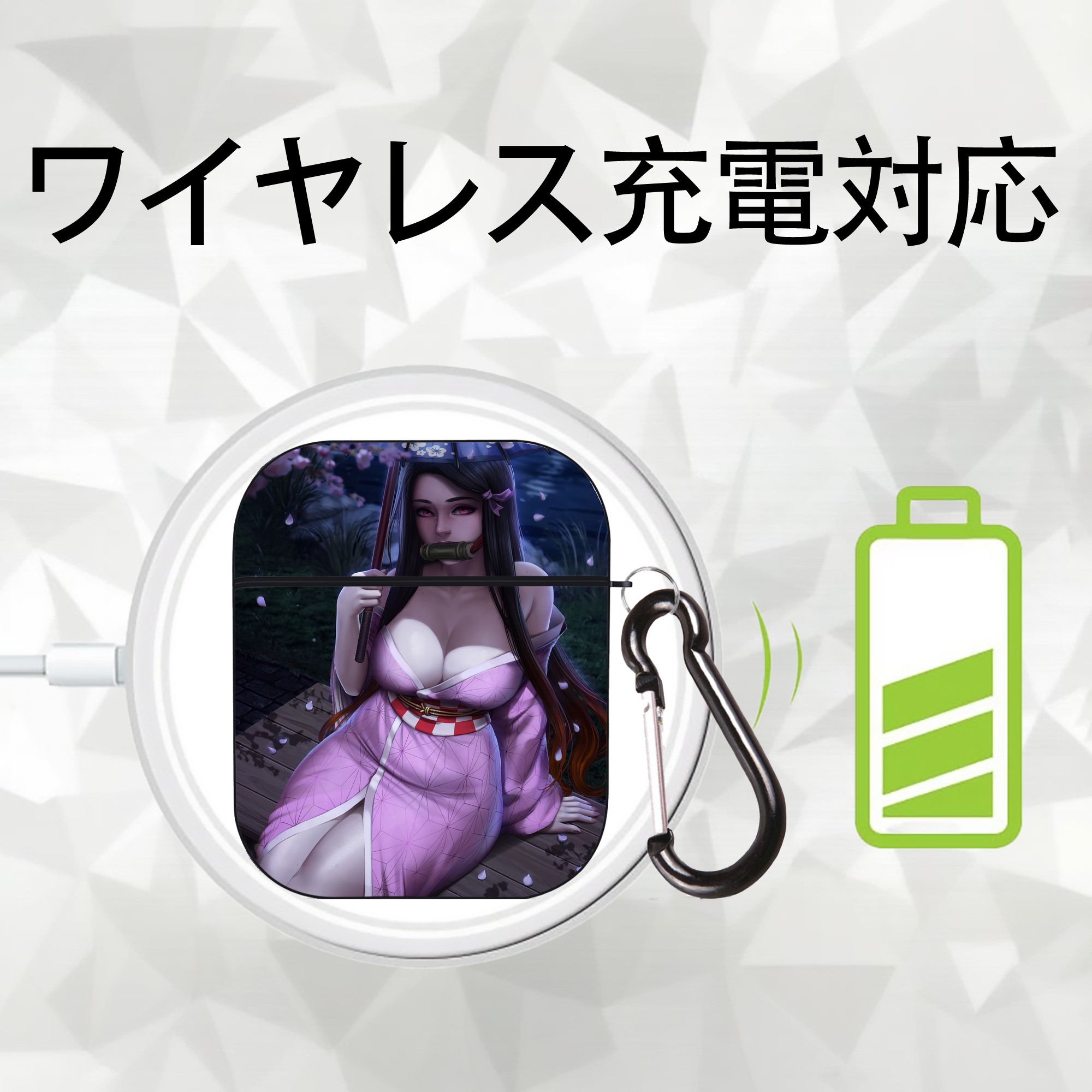 鬼滅の刃（きめつのやいば）竈門 禰󠄀豆子／かまど ねずこ Kamado Nezuko AirPods 第2世代保護ケース ハードシェル ブラック 耐衝撃・防指紋・カラビナ付き