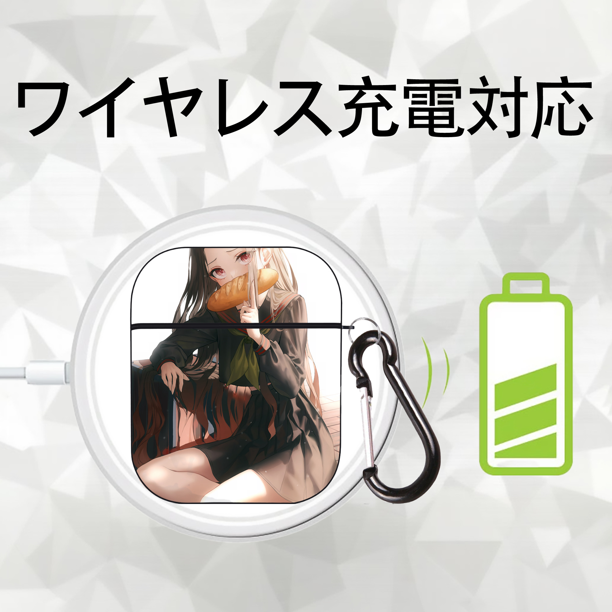 鬼滅の刃（きめつのやいば）竈門 禰󠄀豆子／かまど ねずこ Kamado Nezuko AirPods 第2世代保護ケース ハードシェル ブラック 耐衝撃・防指紋・カラビナ付き