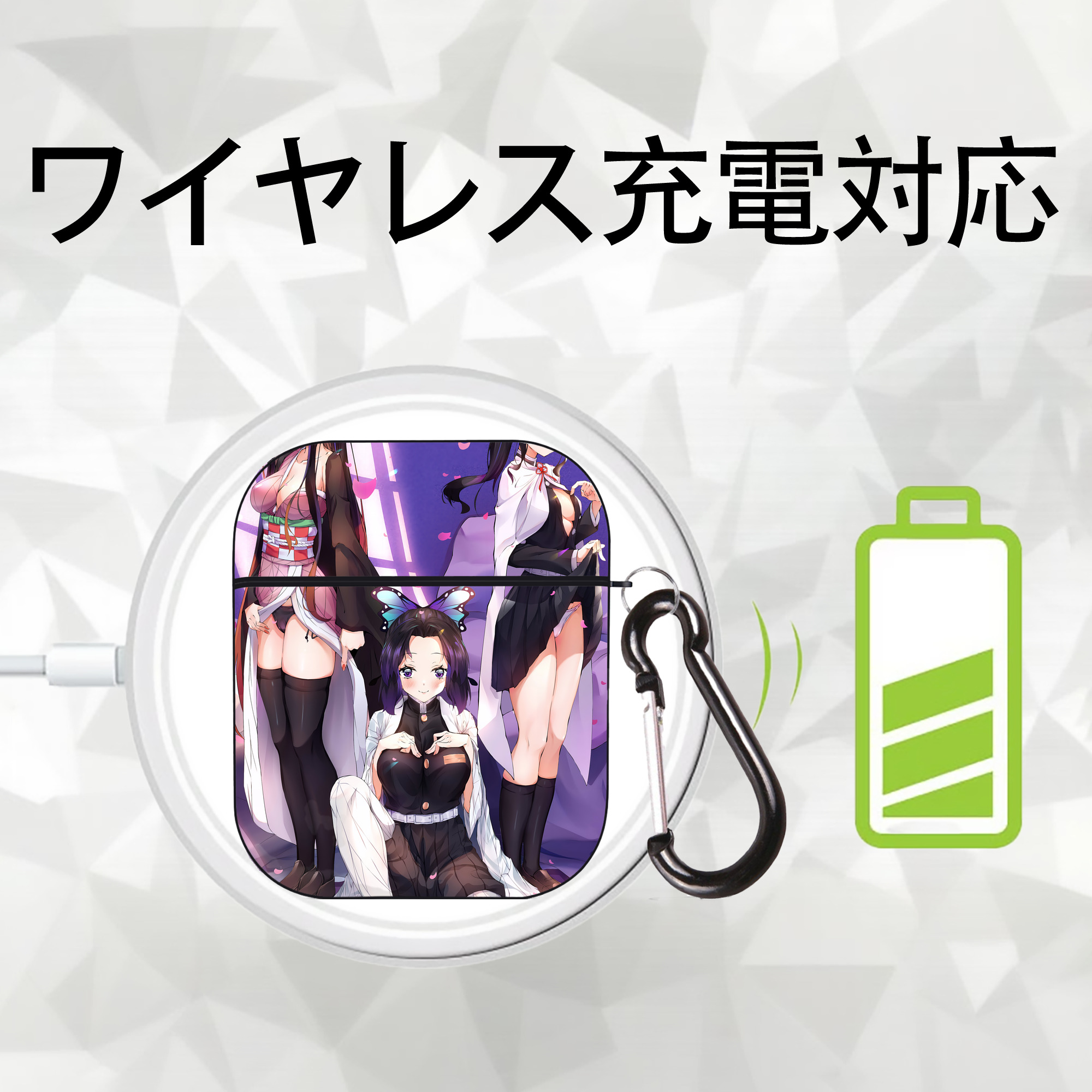 鬼滅の刃（きめつのやいば）竈門 禰󠄀豆子／かまど ねずこ Kamado Nezuko AirPods 第2世代保護ケース ハードシェル ブラック 耐衝撃・防指紋・カラビナ付き