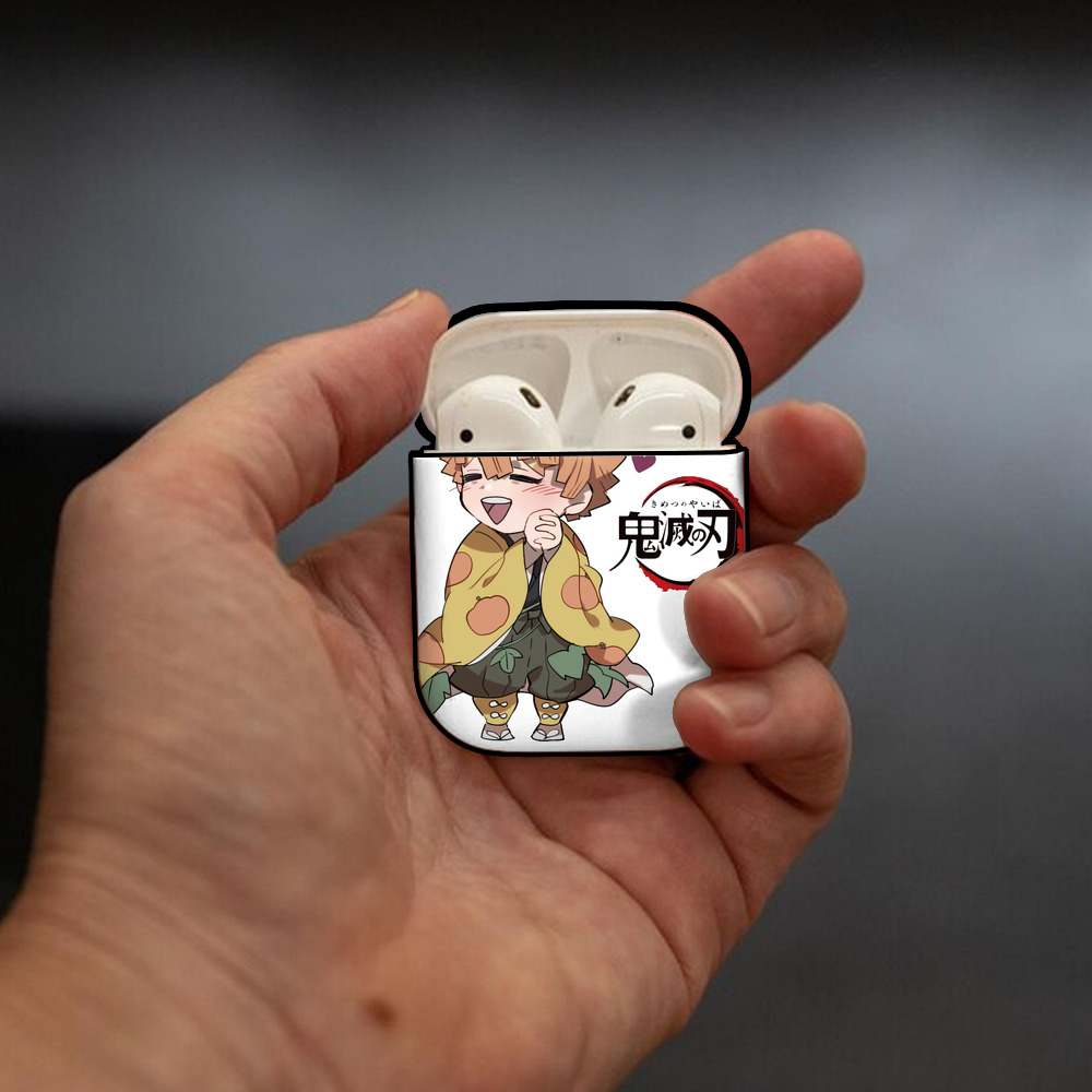鬼滅の刃（きめつのやいば）我妻 善逸／あがつま ぜんいつ Agatsuma Zenitsu AirPods 第2世代保護ケース ハードシェル ブラック 耐衝撃・防指紋・カラビナ付き