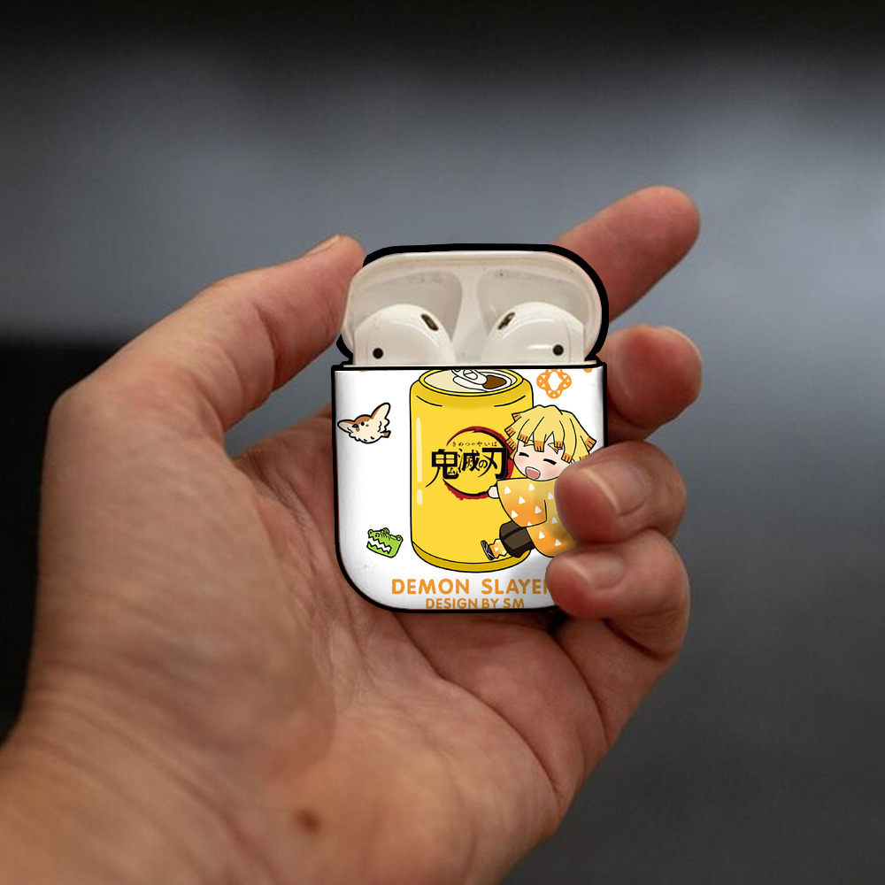 鬼滅の刃（きめつのやいば）我妻 善逸／あがつま ぜんいつ Agatsuma Zenitsu AirPods 第2世代保護ケース ハードシェル ブラック 耐衝撃・防指紋・カラビナ付き