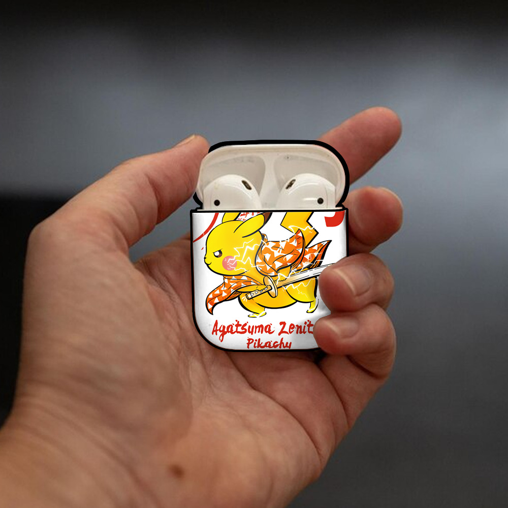 鬼滅の刃（きめつのやいば）我妻 善逸／あがつま ぜんいつ Agatsuma Zenitsu AirPods 第2世代保護ケース ハードシェル ブラック 耐衝撃・防指紋・カラビナ付き