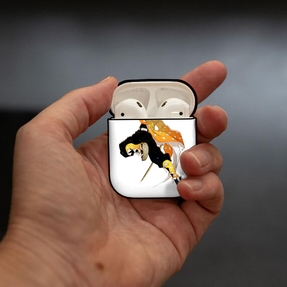 鬼滅の刃（きめつのやいば）我妻 善逸／あがつま ぜんいつ Agatsuma Zenitsu AirPods 第2世代保護ケース ハードシェル ブラック 耐衝撃・防指紋・カラビナ付き