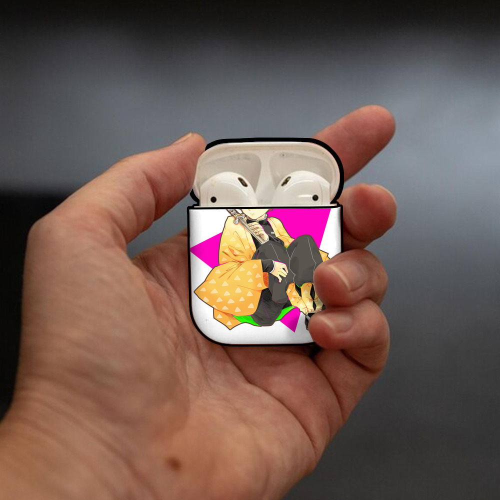 鬼滅の刃（きめつのやいば）我妻 善逸／あがつま ぜんいつ Agatsuma Zenitsu AirPods 第2世代保護ケース ハードシェル ブラック 耐衝撃・防指紋・カラビナ付き