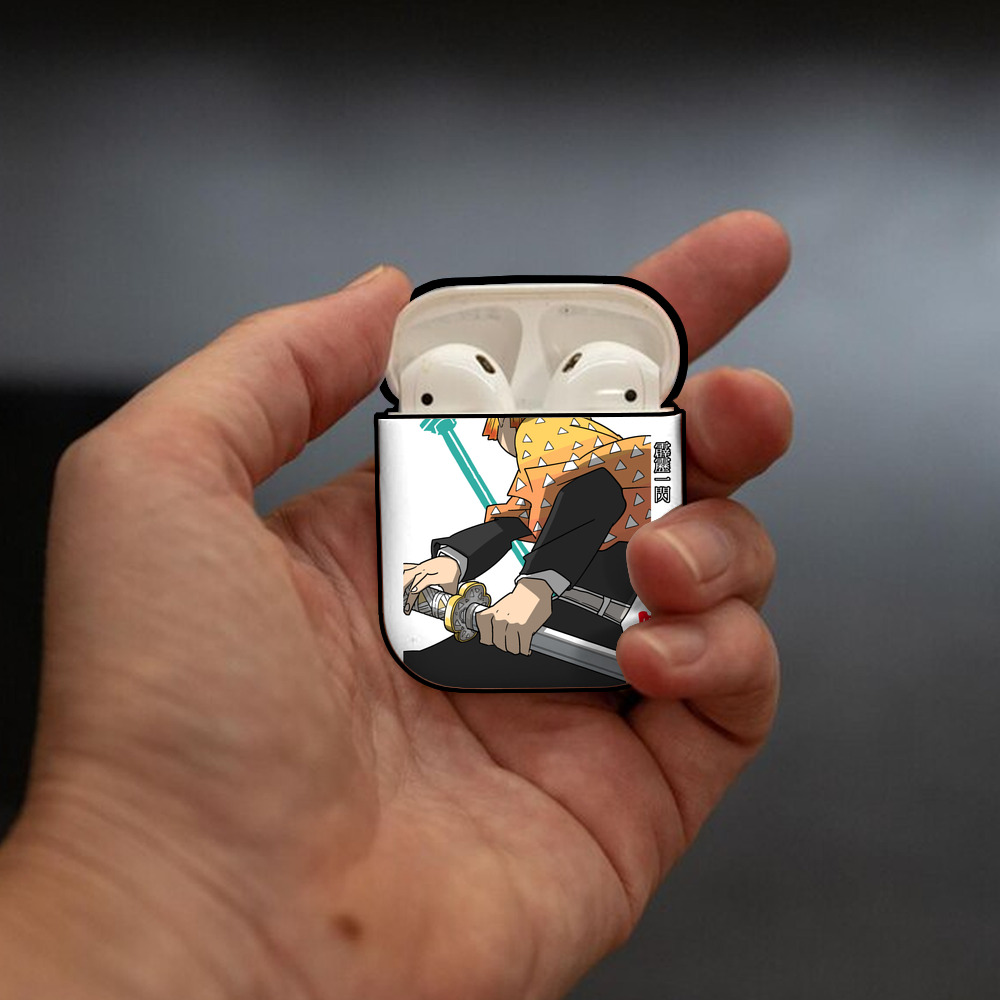 鬼滅の刃（きめつのやいば）我妻 善逸／あがつま ぜんいつ Agatsuma Zenitsu AirPods 第2世代保護ケース ハードシェル ブラック 耐衝撃・防指紋・カラビナ付き