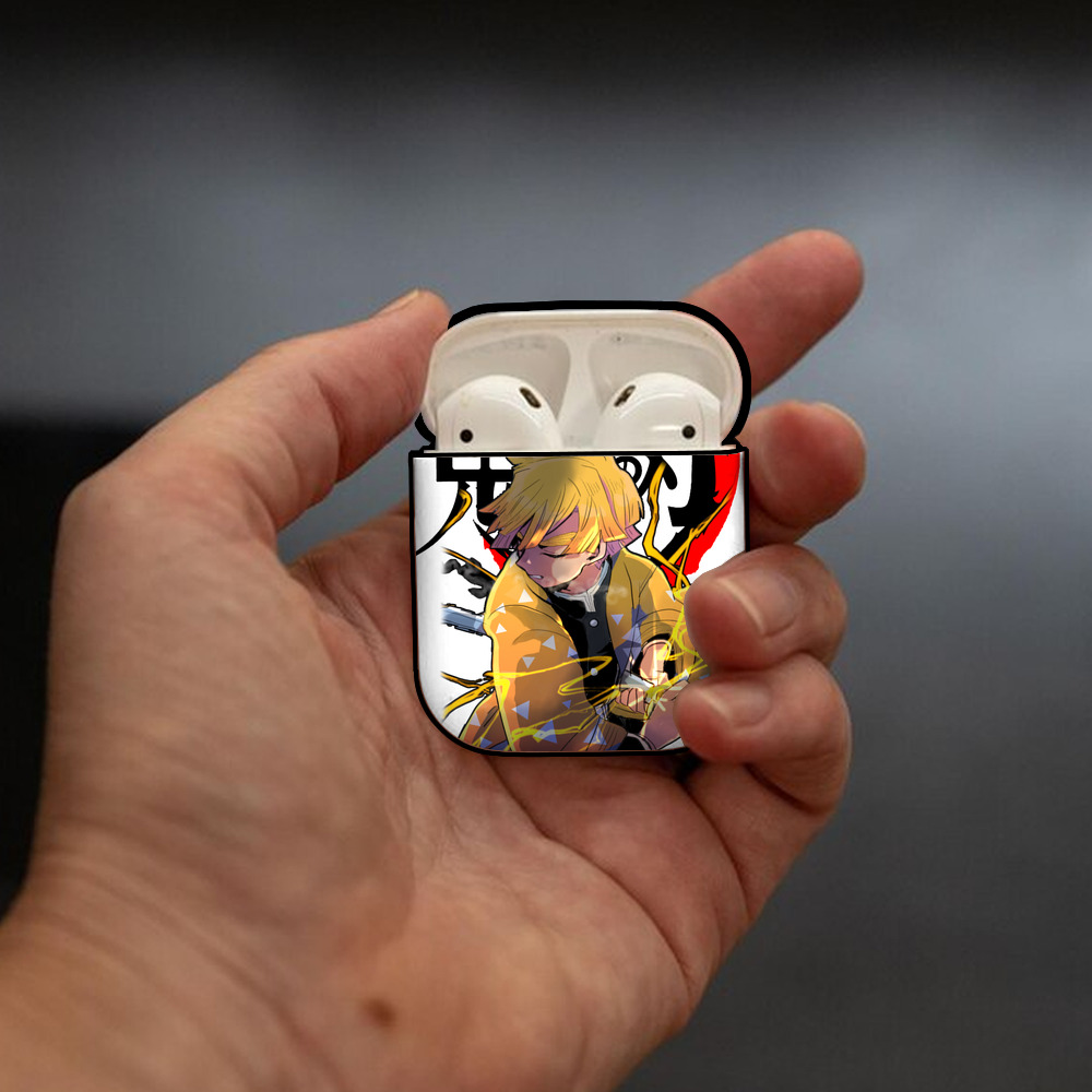 鬼滅の刃（きめつのやいば）我妻 善逸／あがつま ぜんいつ Agatsuma Zenitsu AirPods 第2世代保護ケース ハードシェル ブラック 耐衝撃・防指紋・カラビナ付き