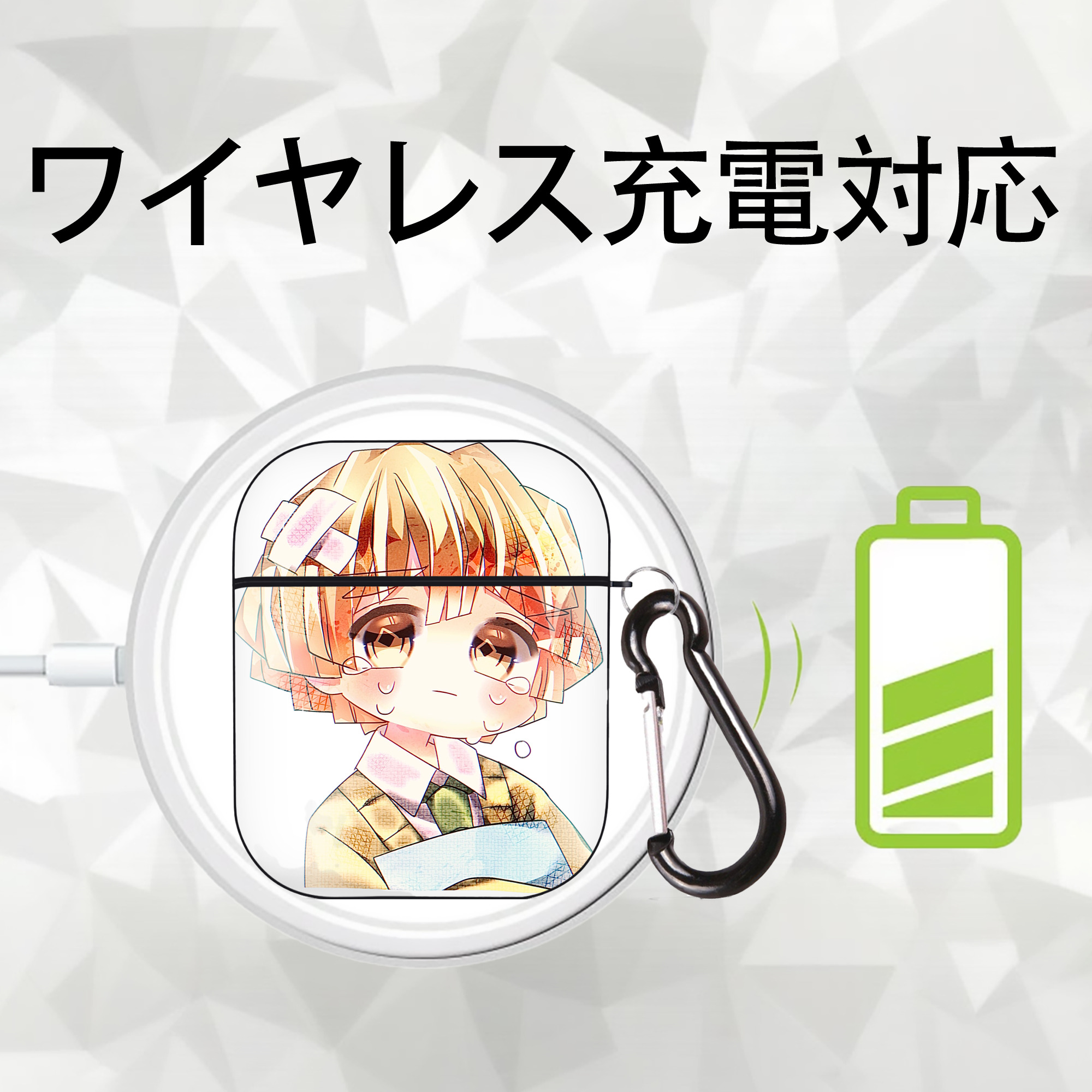 鬼滅の刃（きめつのやいば）我妻 善逸／あがつま ぜんいつ Agatsuma Zenitsu AirPods 第2世代保護ケース ハードシェル ブラック 耐衝撃・防指紋・カラビナ付き