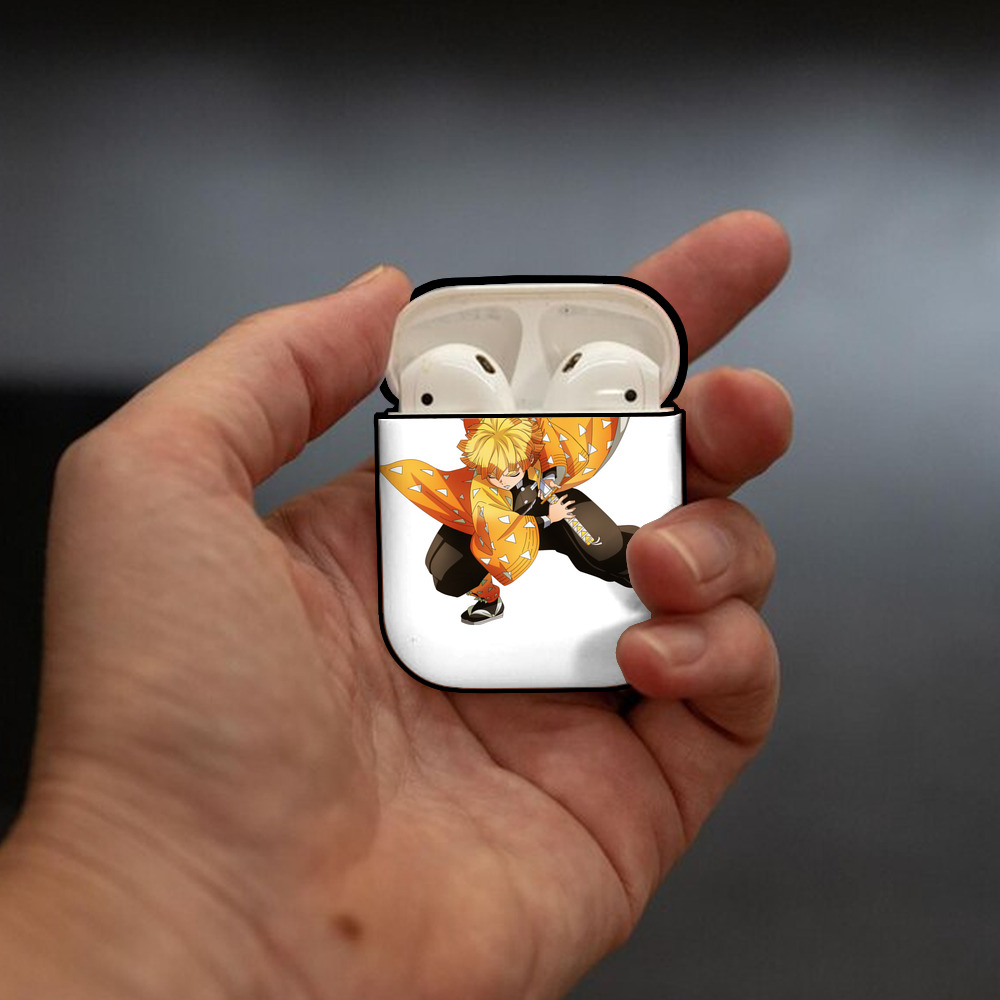 鬼滅の刃（きめつのやいば）我妻 善逸／あがつま ぜんいつ Agatsuma Zenitsu AirPods 第2世代保護ケース ハードシェル ブラック 耐衝撃・防指紋・カラビナ付き