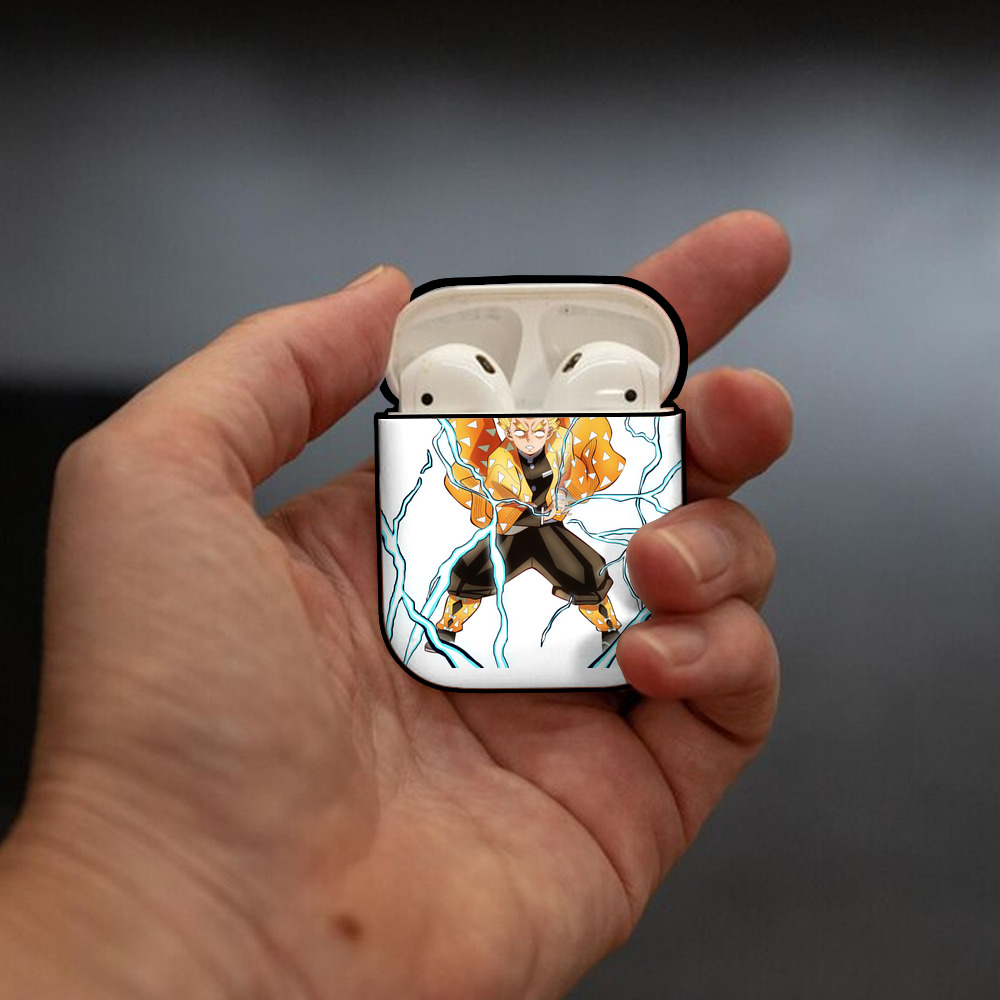 鬼滅の刃（きめつのやいば）我妻 善逸／あがつま ぜんいつ Agatsuma Zenitsu AirPods 第2世代保護ケース ハードシェル ブラック 耐衝撃・防指紋・カラビナ付き