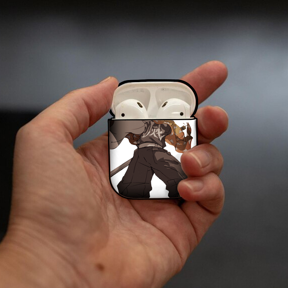 鬼滅の刃（きめつのやいば）我妻 善逸／あがつま ぜんいつ Agatsuma Zenitsu AirPods 第2世代保護ケース ハードシェル ブラック 耐衝撃・防指紋・カラビナ付き