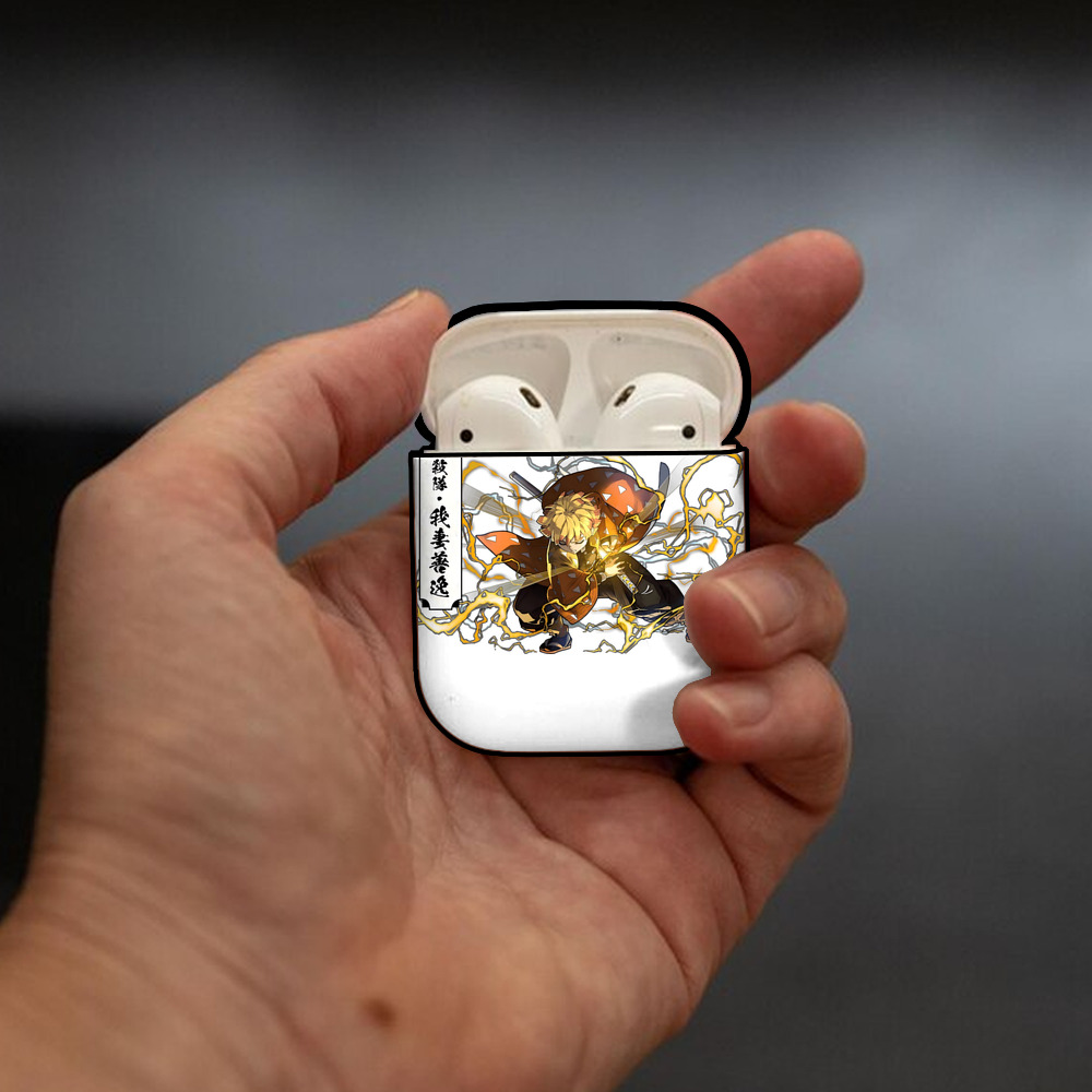 鬼滅の刃（きめつのやいば）我妻 善逸／あがつま ぜんいつ Agatsuma Zenitsu AirPods 第2世代保護ケース ハードシェル ブラック 耐衝撃・防指紋・カラビナ付き
