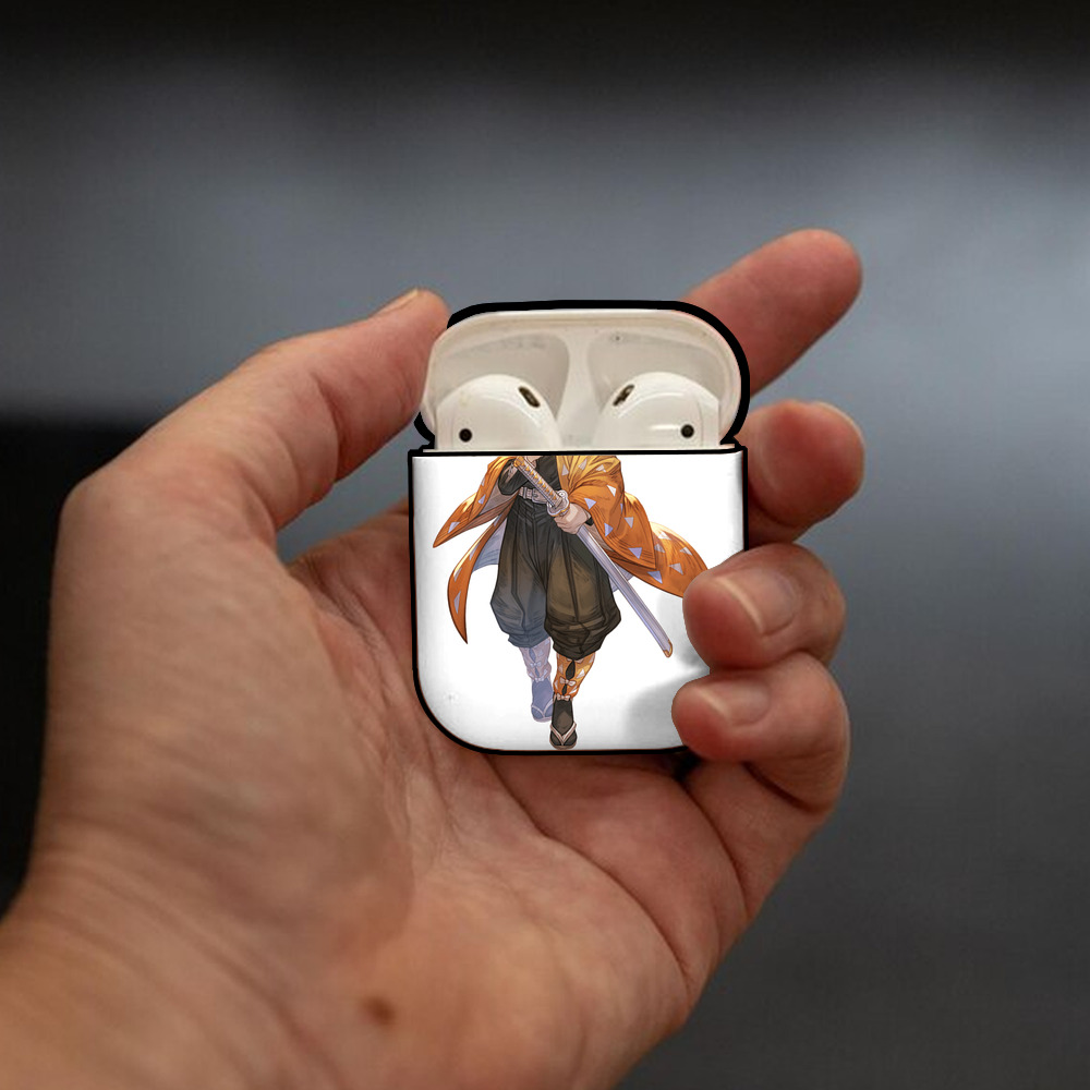 鬼滅の刃（きめつのやいば）我妻 善逸／あがつま ぜんいつ Agatsuma Zenitsu AirPods 第2世代保護ケース ハードシェル ブラック 耐衝撃・防指紋・カラビナ付き