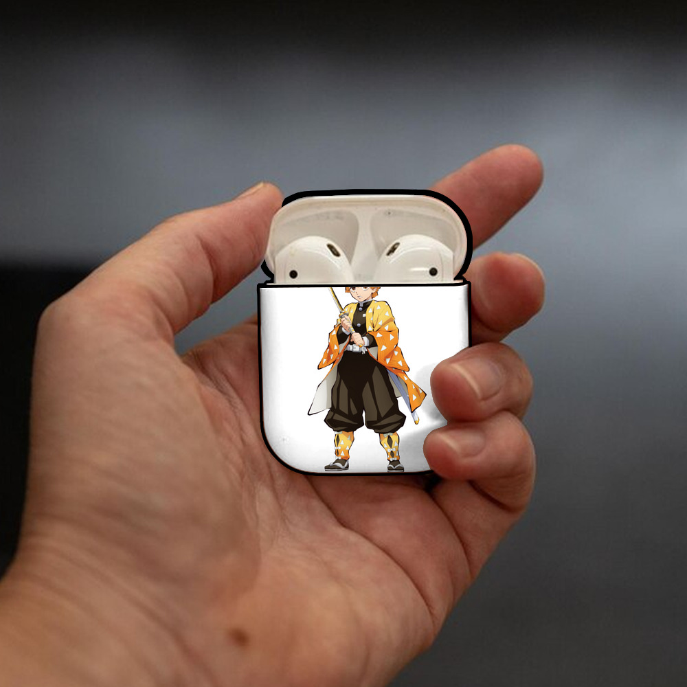 鬼滅の刃（きめつのやいば）我妻 善逸／あがつま ぜんいつ Agatsuma Zenitsu AirPods 第2世代保護ケース ハードシェル ブラック 耐衝撃・防指紋・カラビナ付き
