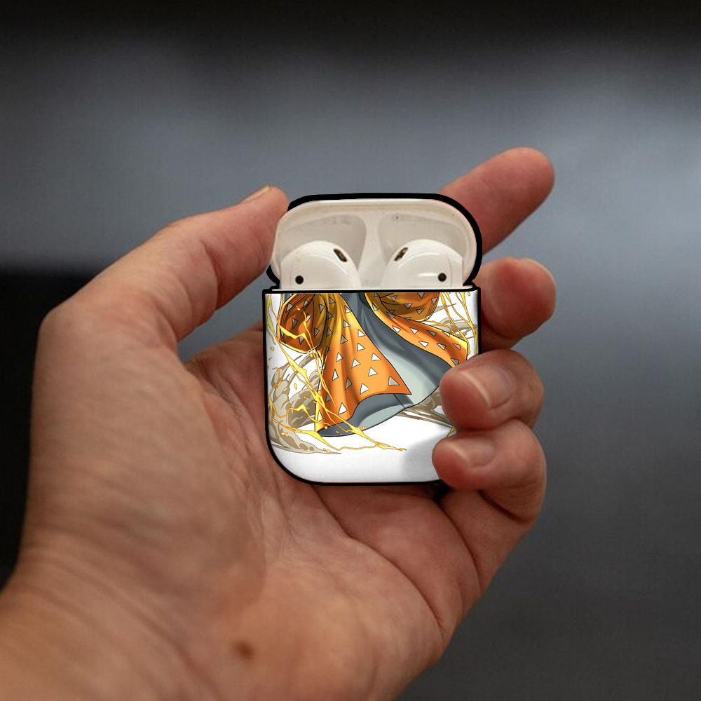 鬼滅の刃（きめつのやいば）我妻 善逸／あがつま ぜんいつ Agatsuma Zenitsu AirPods 第2世代保護ケース ハードシェル ブラック 耐衝撃・防指紋・カラビナ付き