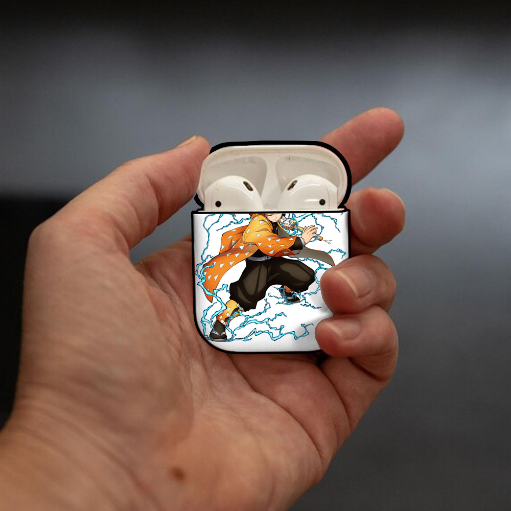鬼滅の刃（きめつのやいば）我妻 善逸／あがつま ぜんいつ Agatsuma Zenitsu AirPods 第2世代保護ケース ハードシェル ブラック 耐衝撃・防指紋・カラビナ付き