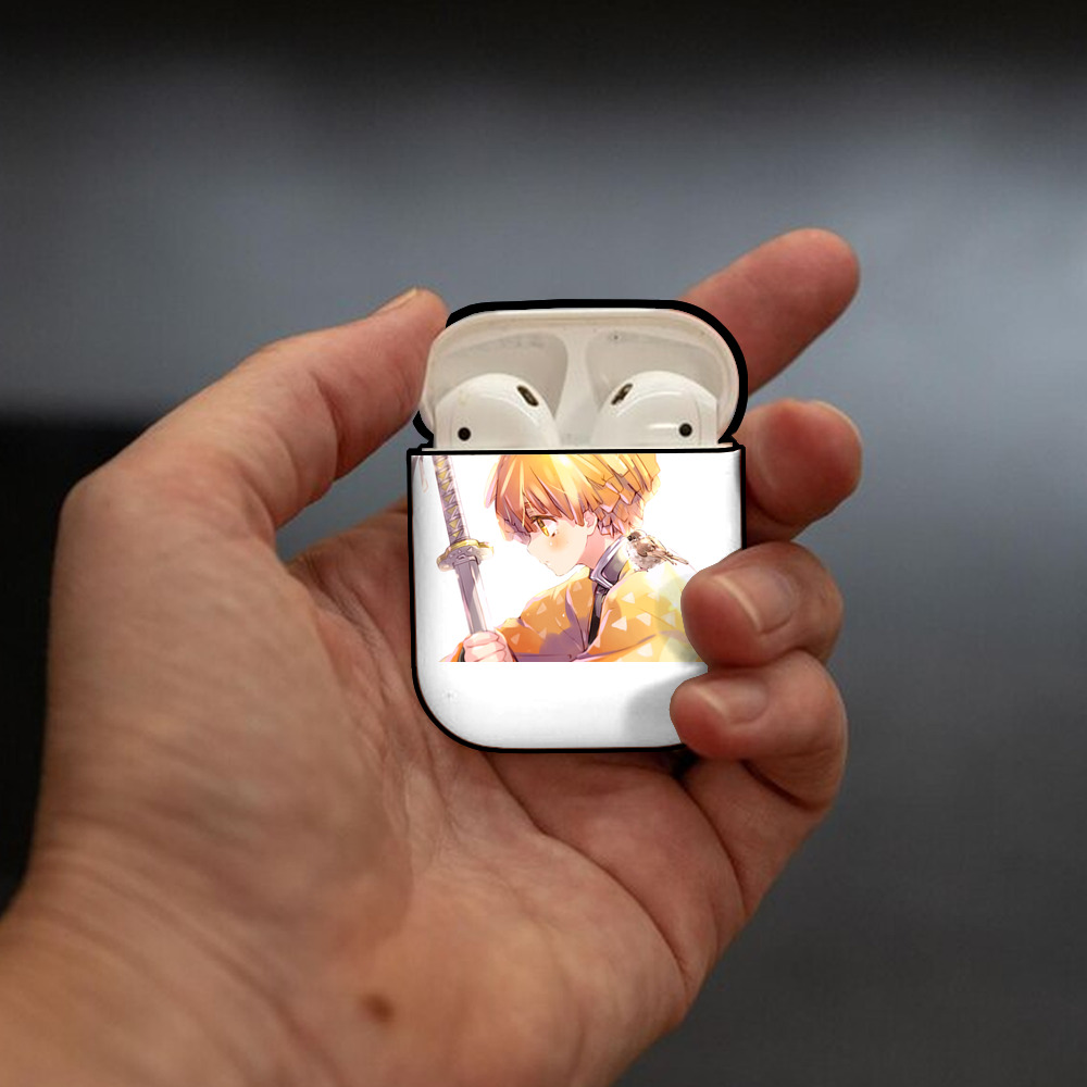 鬼滅の刃（きめつのやいば）我妻 善逸／あがつま ぜんいつ Agatsuma Zenitsu AirPods 第2世代保護ケース ハードシェル ブラック 耐衝撃・防指紋・カラビナ付き
