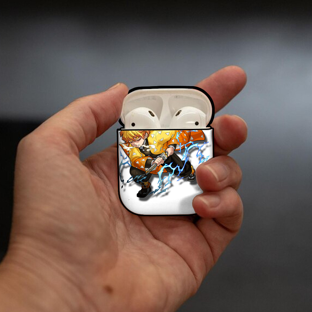 鬼滅の刃（きめつのやいば）我妻 善逸／あがつま ぜんいつ Agatsuma Zenitsu AirPods 第2世代保護ケース ハードシェル ブラック 耐衝撃・防指紋・カラビナ付き