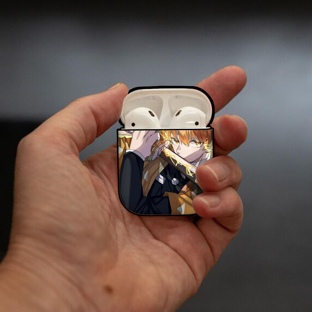 鬼滅の刃（きめつのやいば）我妻 善逸／あがつま ぜんいつ Agatsuma Zenitsu AirPods 第2世代保護ケース ハードシェル ブラック 耐衝撃・防指紋・カラビナ付き