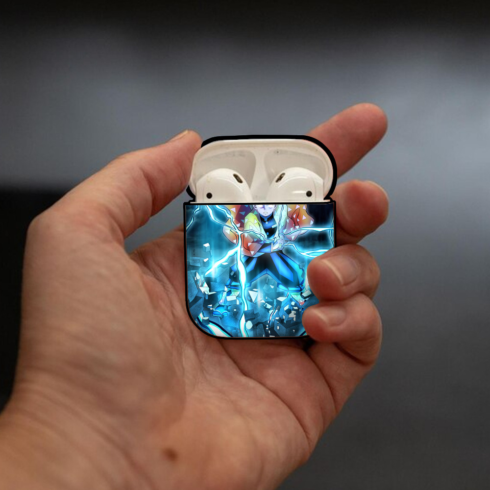 鬼滅の刃（きめつのやいば）我妻 善逸／あがつま ぜんいつ Agatsuma Zenitsu AirPods 第2世代保護ケース ハードシェル ブラック 耐衝撃・防指紋・カラビナ付き