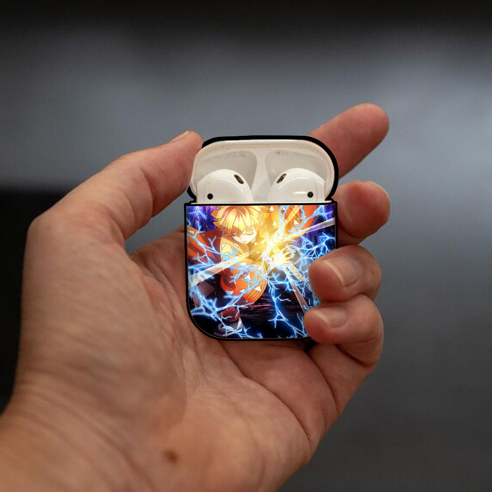 鬼滅の刃（きめつのやいば）我妻 善逸／あがつま ぜんいつ Agatsuma Zenitsu AirPods 第2世代保護ケース ハードシェル ブラック 耐衝撃・防指紋・カラビナ付き