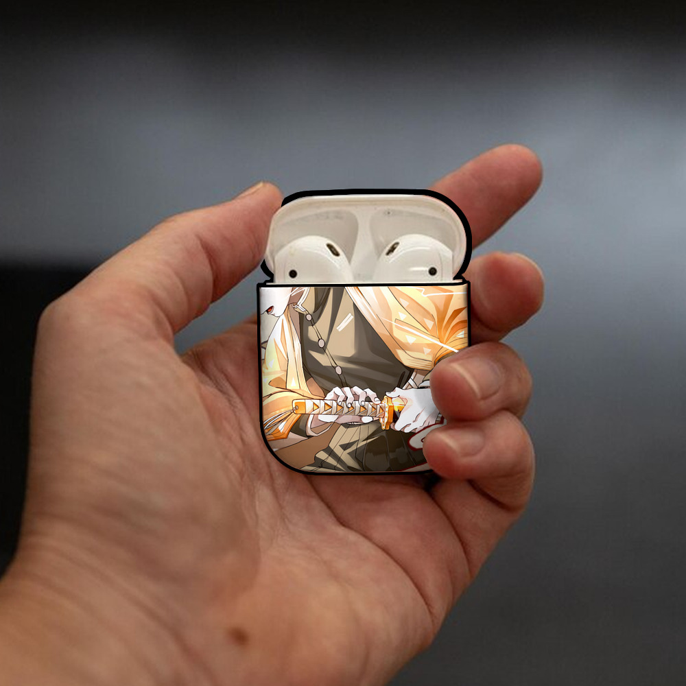 鬼滅の刃（きめつのやいば）我妻 善逸／あがつま ぜんいつ Agatsuma Zenitsu AirPods 第2世代保護ケース ハードシェル ブラック 耐衝撃・防指紋・カラビナ付き