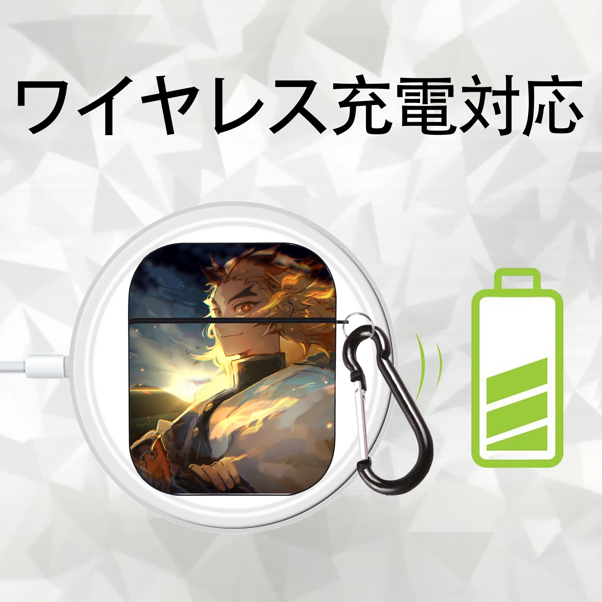 炎柱-煉󠄁獄 杏寿郎／れんごく きょうじゅろう Rengoku Kyoujurou AirPods 第2世代保護ケース ハードシェル ブラック 耐衝撃・防指紋・カラビナ付き