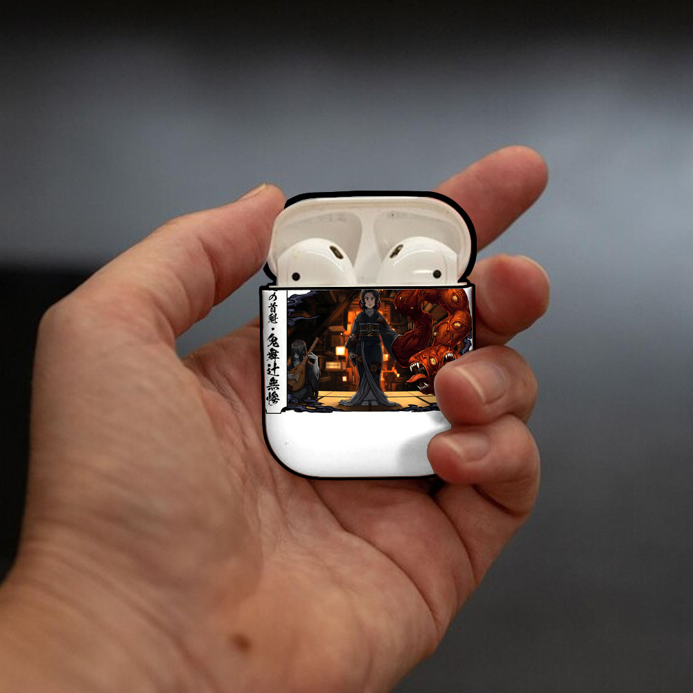 鬼滅の刃（きめつのやいば）鬼舞辻 無惨／きぶつじ むざん Kibutsuji Muzan AirPods 第2世代保護ケース ハードシェル ブラック 耐衝撃・防指紋・カラビナ付き